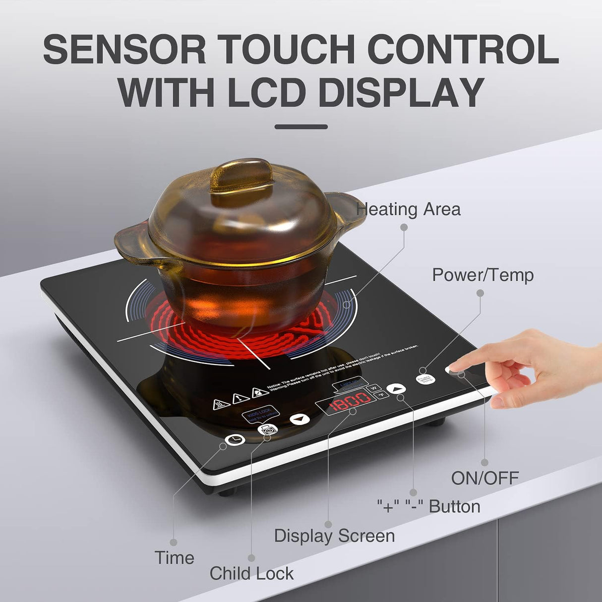 VBGK 12” Portable Electric Cooktop – 1800W Single Burner with 9 Power Levels, Digital Touch Control, and Child Safety Lock – Compatible with All Cookware