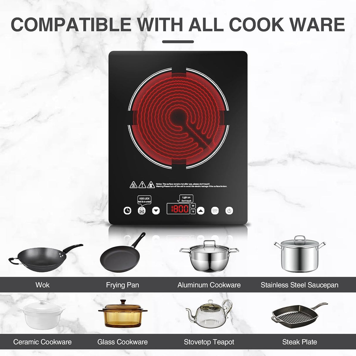 VBGK 11" Portable Electric Cooktop - 1800W Single Burner Infrared Stove with Standard 110V-120V Plug, 9 Power Levels & Safety Lock