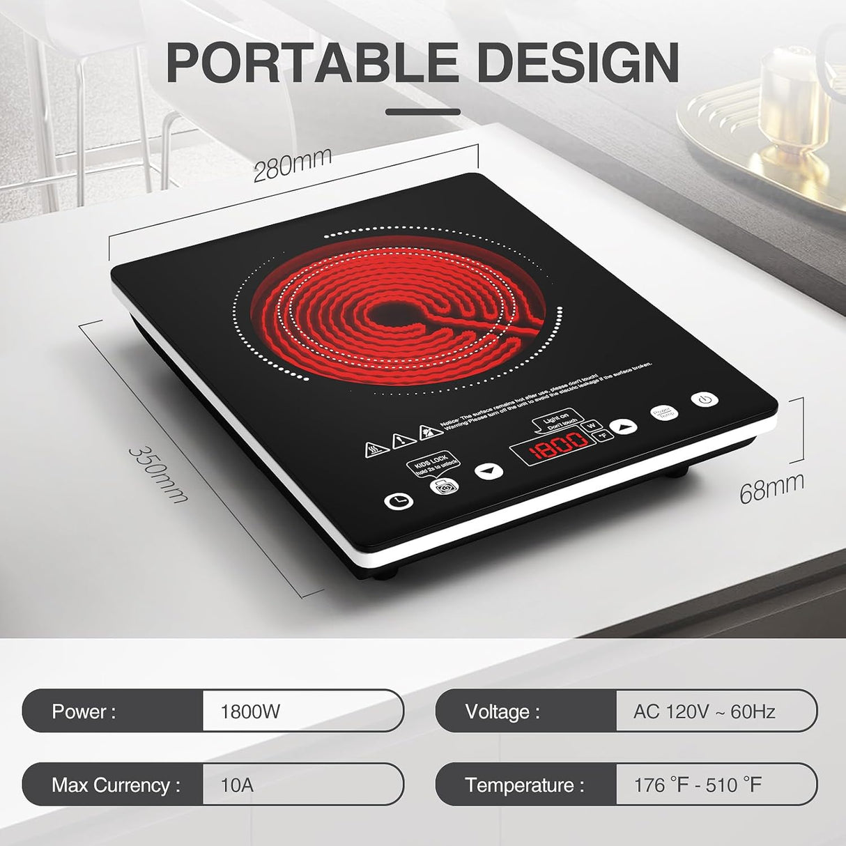 VBGK 12” Portable Electric Cooktop – 1800W Single Burner with 9 Power Levels, Touch Control, and Child Safety Lock – Compatible with All Cookware