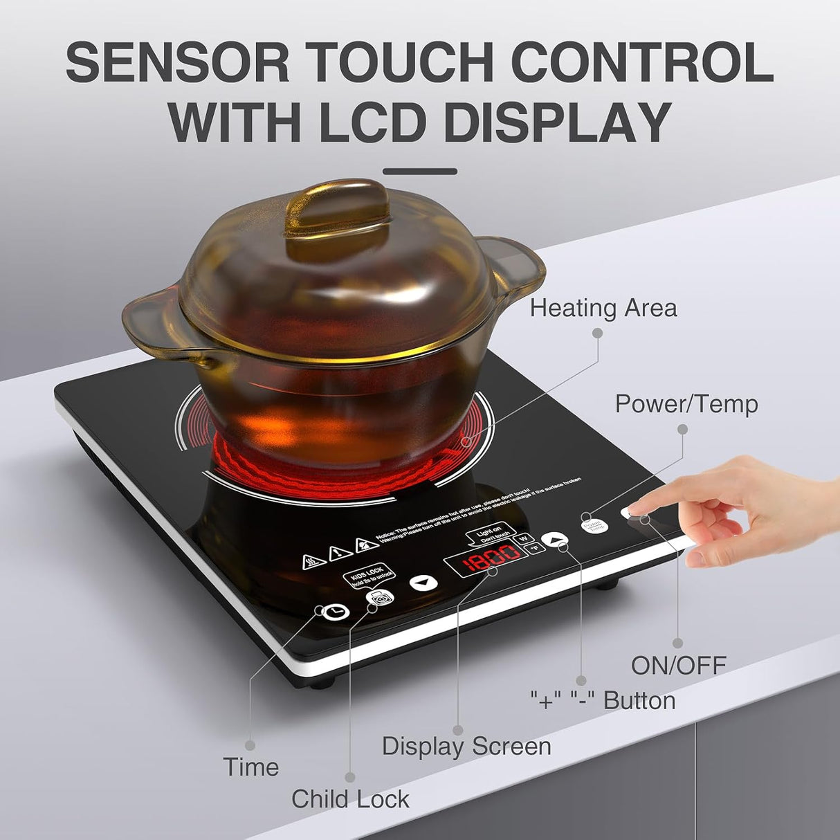 VBGK 11" Portable Electric Cooktop - 1800W Single Burner Infrared Stove with Standard 110V-120V Plug, 9 Power Levels & Safety Lock