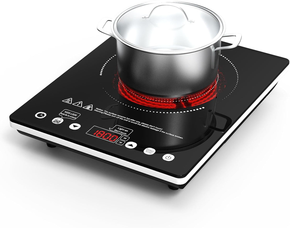VBGK 12” Portable Electric Cooktop – 1800W Single Burner with 9 Power Levels, Touch Control, and Child Safety Lock – Compatible with All Cookware