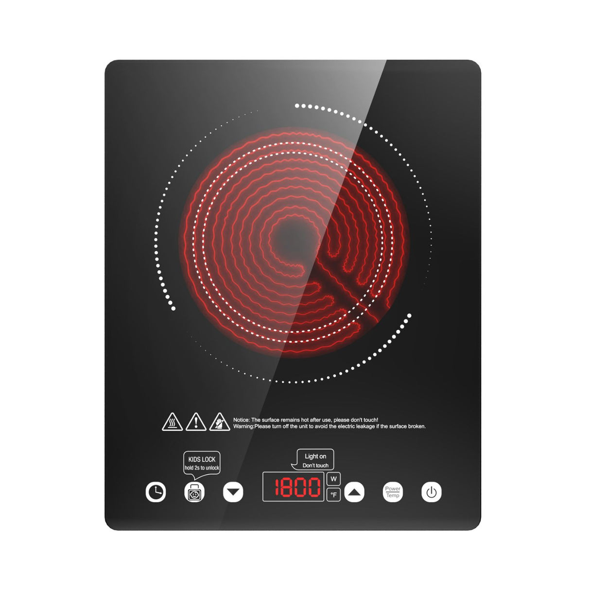 VBGK 12” Portable Electric Cooktop – 1800W Single Burner with 9 Power Levels, Touch Control, and Child Safety Lock – Compatible with All Cookware