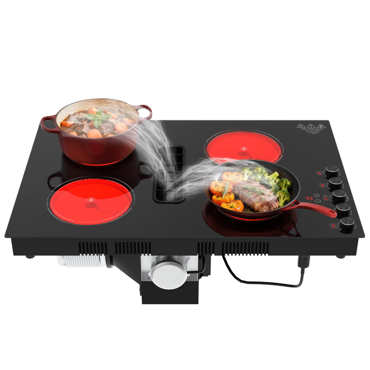 VBGK 30 Inch Electric Cooktop with Downdraft, 4 Burners, 6600W, Knob Controls, 110V–120V Hardwired