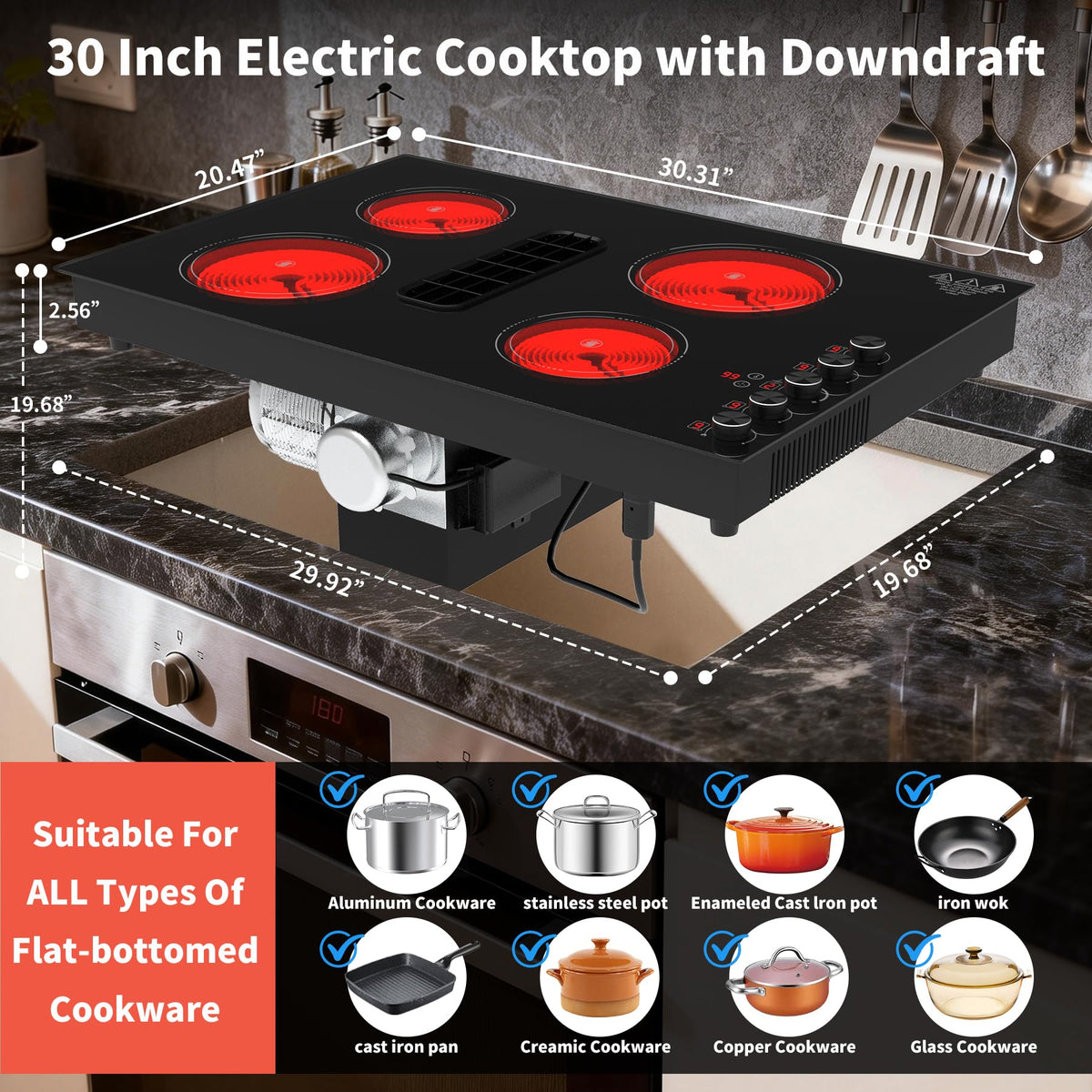 VBGK 30 Inch Electric Cooktop with Downdraft, 4 Burners, 6600W, Knob Controls, 110V–120V Hardwired