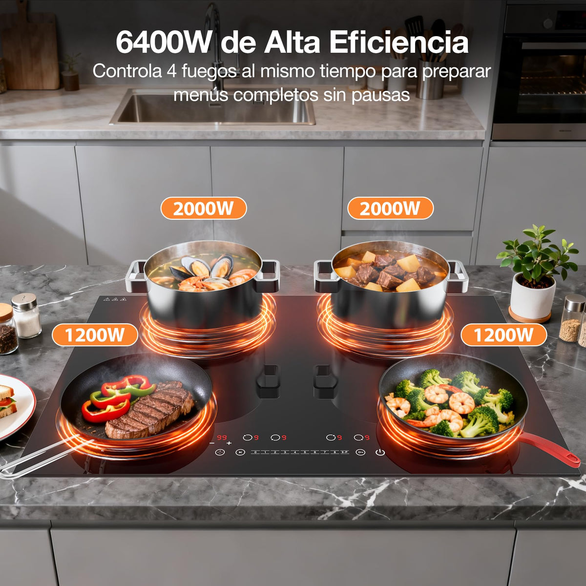 Table de cuisson vitrocéramique électrique VBGK 3000W 77cm à 4 foyers avec commande tactile LED