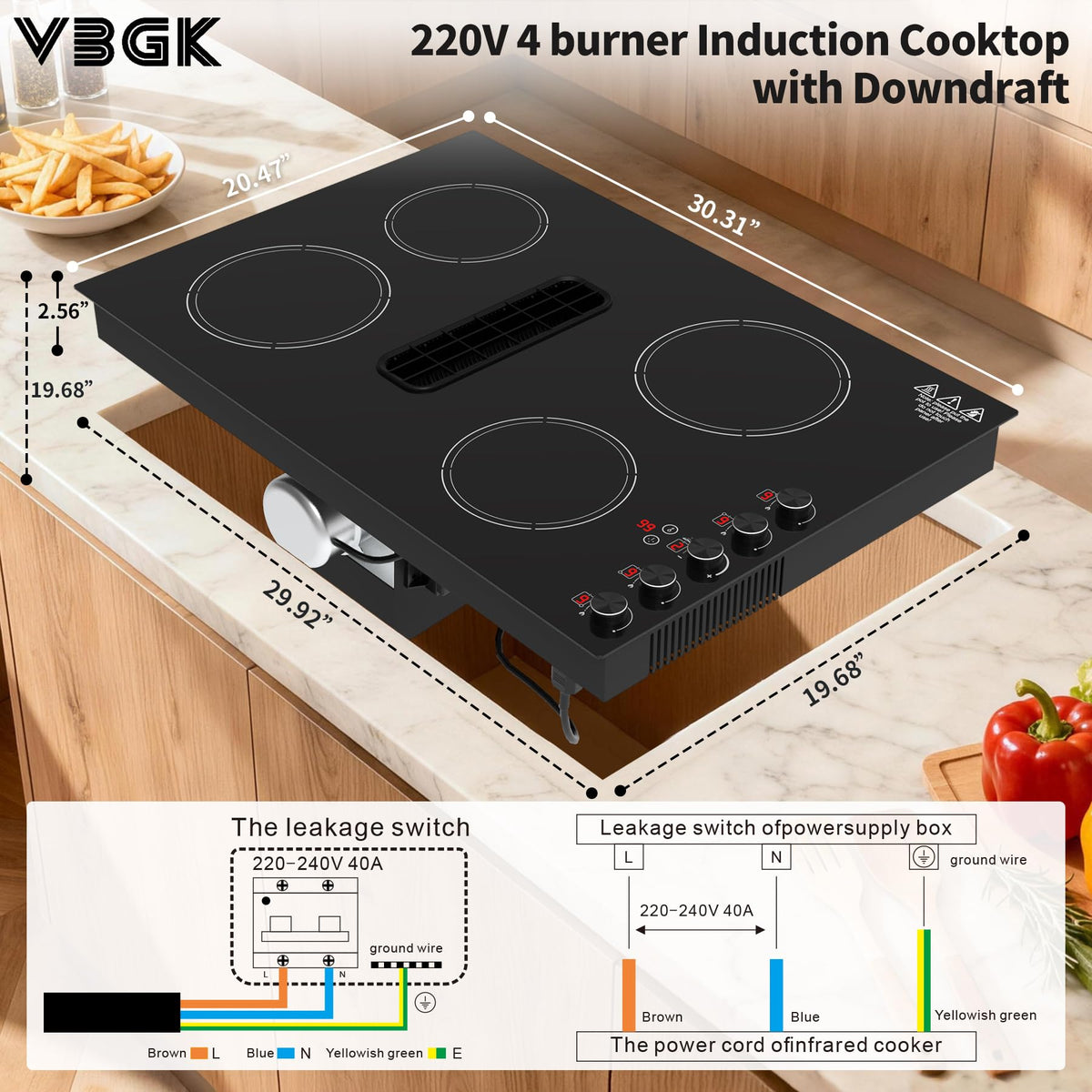 VBGK 30 Inch Induction Cooktop with Downdraft, 4 Burners, 6600W, 110V–120V