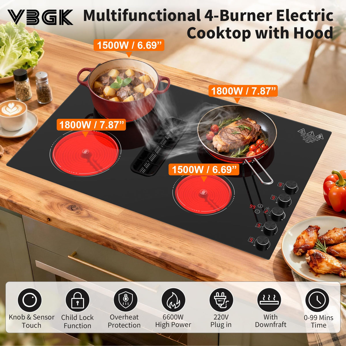 VBGK 30 Inch Electric Cooktop with Downdraft, 4 Burners, 6600W, Knob Controls, 110V–120V Hardwired