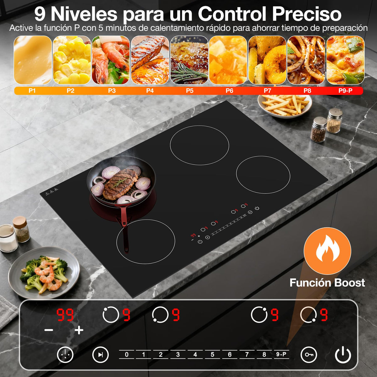 Table de cuisson vitrocéramique électrique VBGK 3000W 77cm à 4 foyers avec commande tactile LED