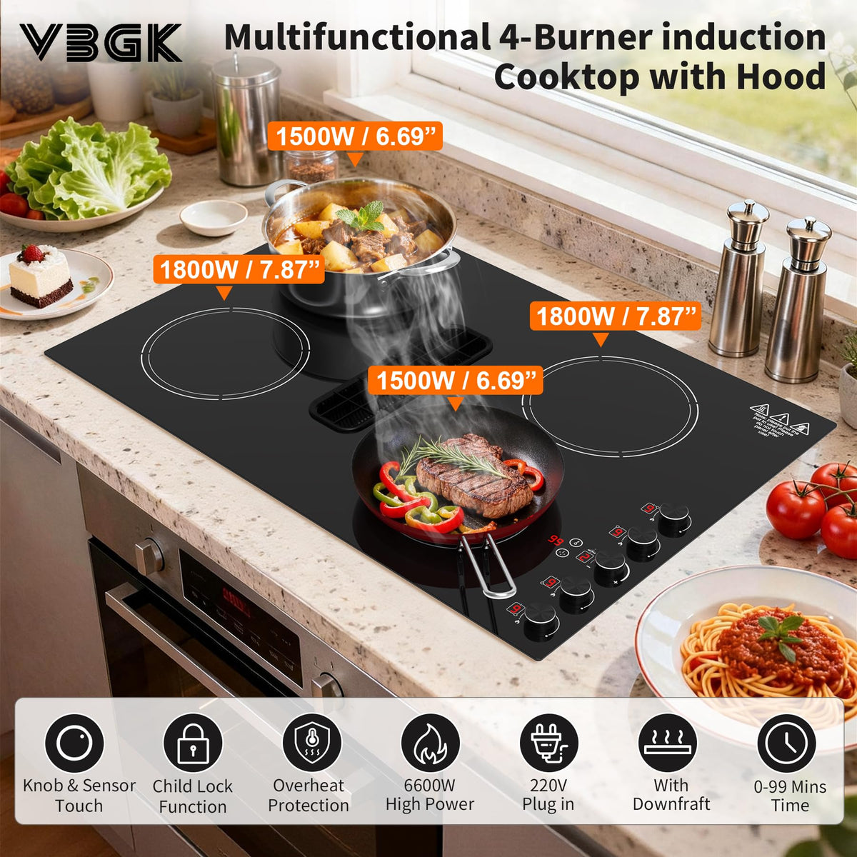 VBGK 30 Inch Induction Cooktop with Downdraft, 4 Burners, 6600W, 110V–120V