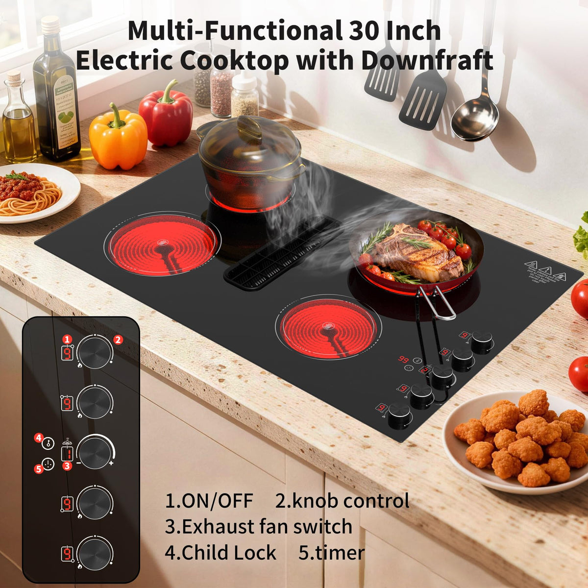 VBGK 30 Inch Electric Cooktop with Downdraft, 4 Burners, 6600W, Knob Controls, 110V–120V Hardwired