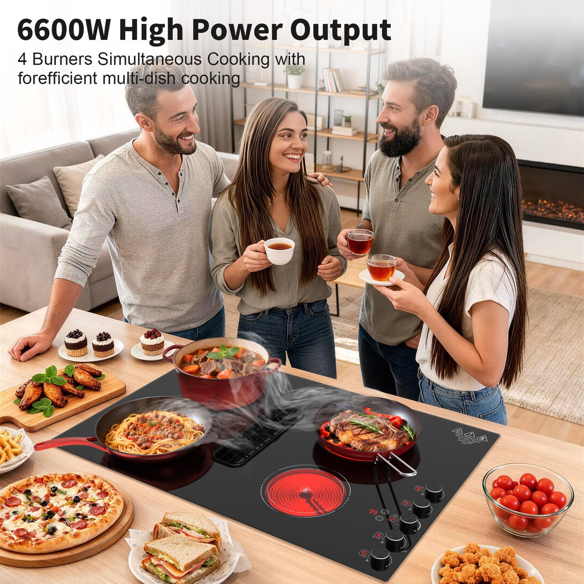 VBGK 30 Inch Electric Cooktop with Downdraft, 4 Burners, 6600W, Knob Controls, 110V–120V Hardwired