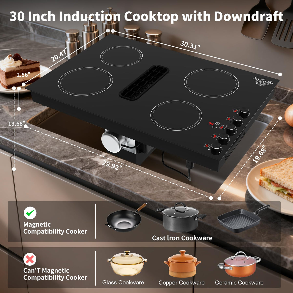VBGK 30 Inch Induction Cooktop with Downdraft, 4 Burners, 6600W, 110V–120V