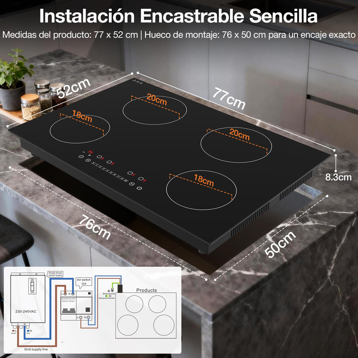 Table de cuisson vitrocéramique électrique VBGK 3000W 77cm à 4 foyers avec commande tactile LED