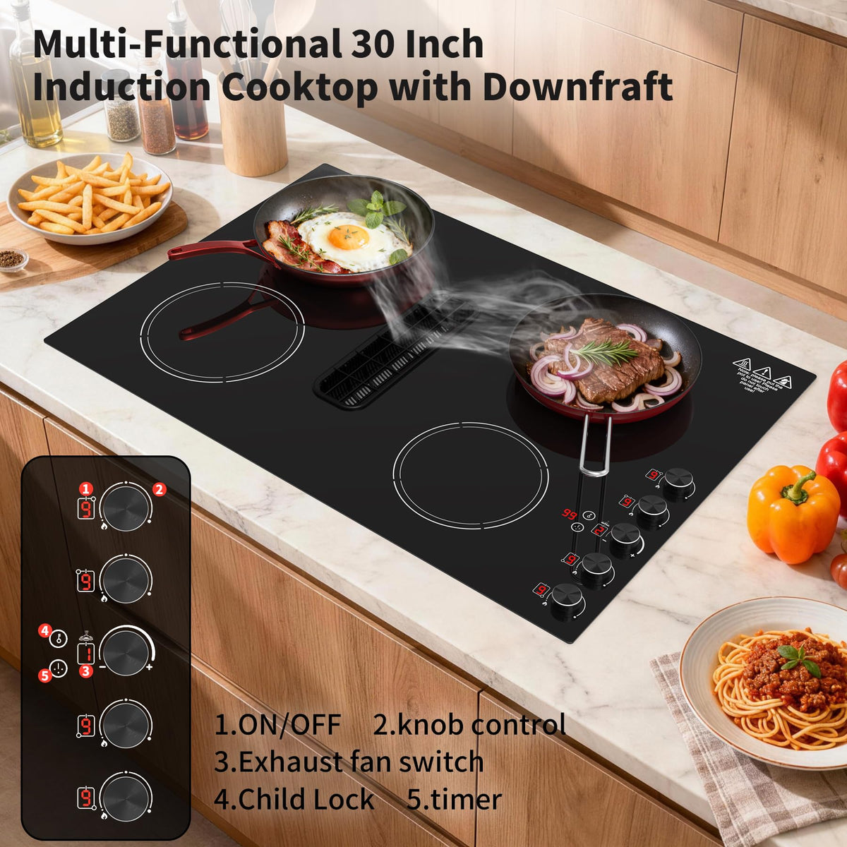 VBGK 30 Inch Induction Cooktop with Downdraft, 4 Burners, 6600W, 110V–120V