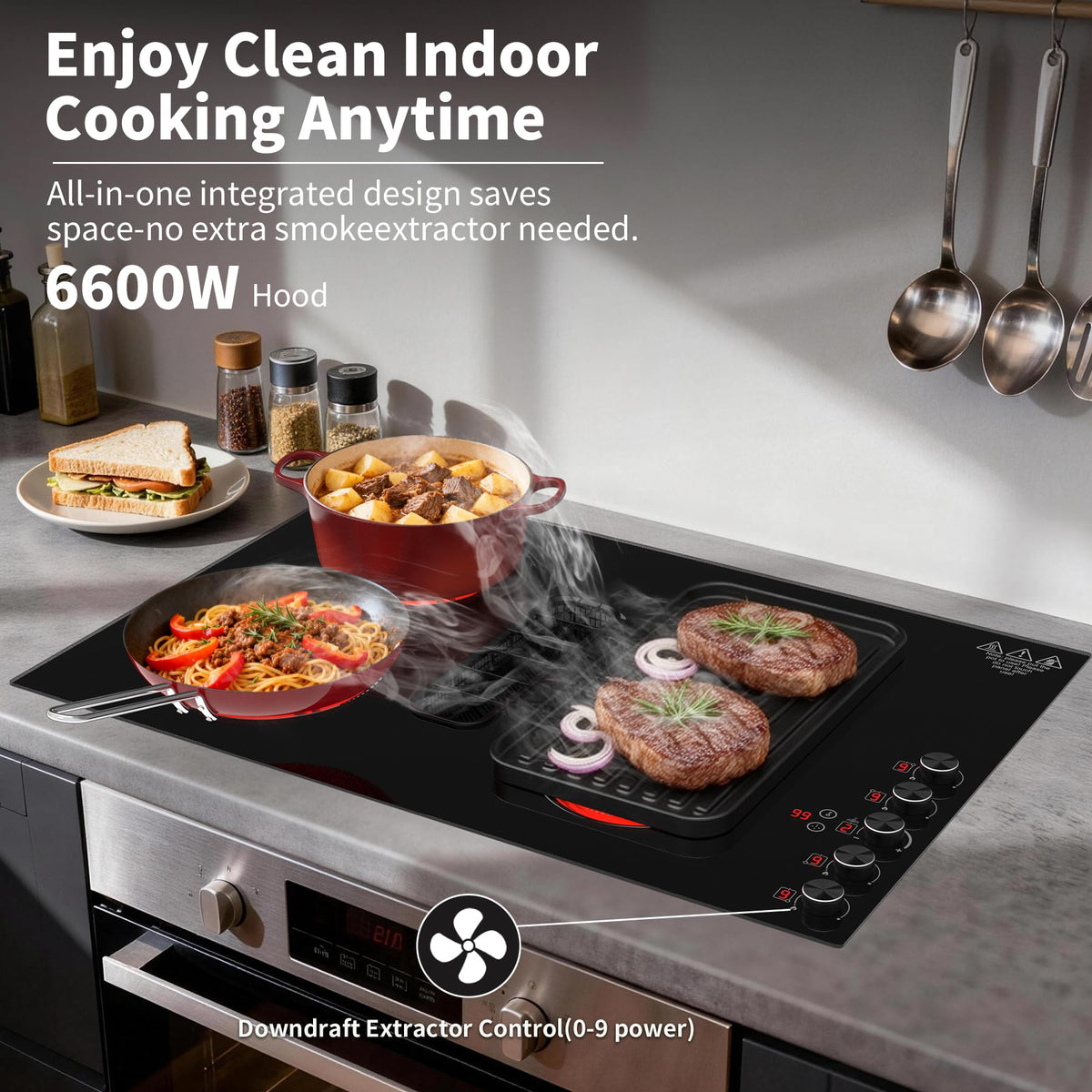 VBGK 30 Inch Electric Cooktop with Downdraft, 4 Burners, 6600W, Knob Controls, 110V–120V Hardwired