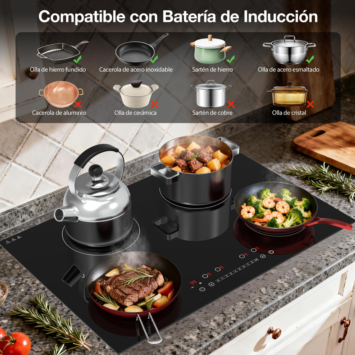 Table de cuisson vitrocéramique électrique VBGK 3000W 77cm à 4 foyers avec commande tactile LED