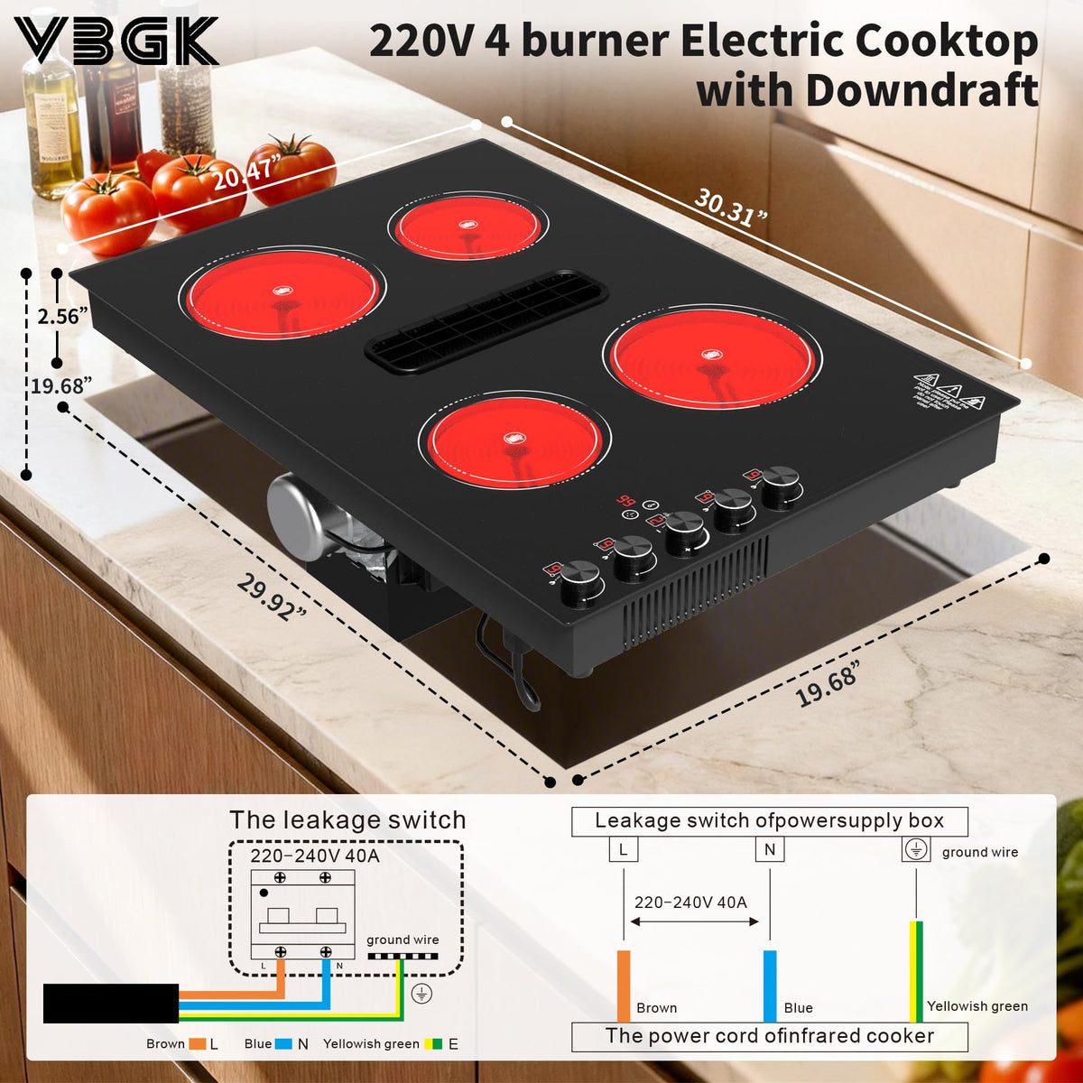 VBGK 30 Inch Electric Cooktop with Downdraft, 4 Burners, 6600W, Knob Controls, 110V–120V Hardwired