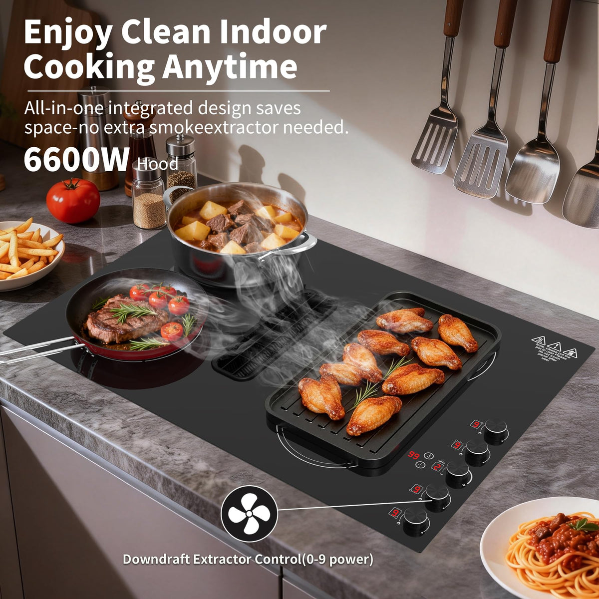 VBGK 30 Inch Induction Cooktop with Downdraft, 4 Burners, 6600W, 110V–120V
