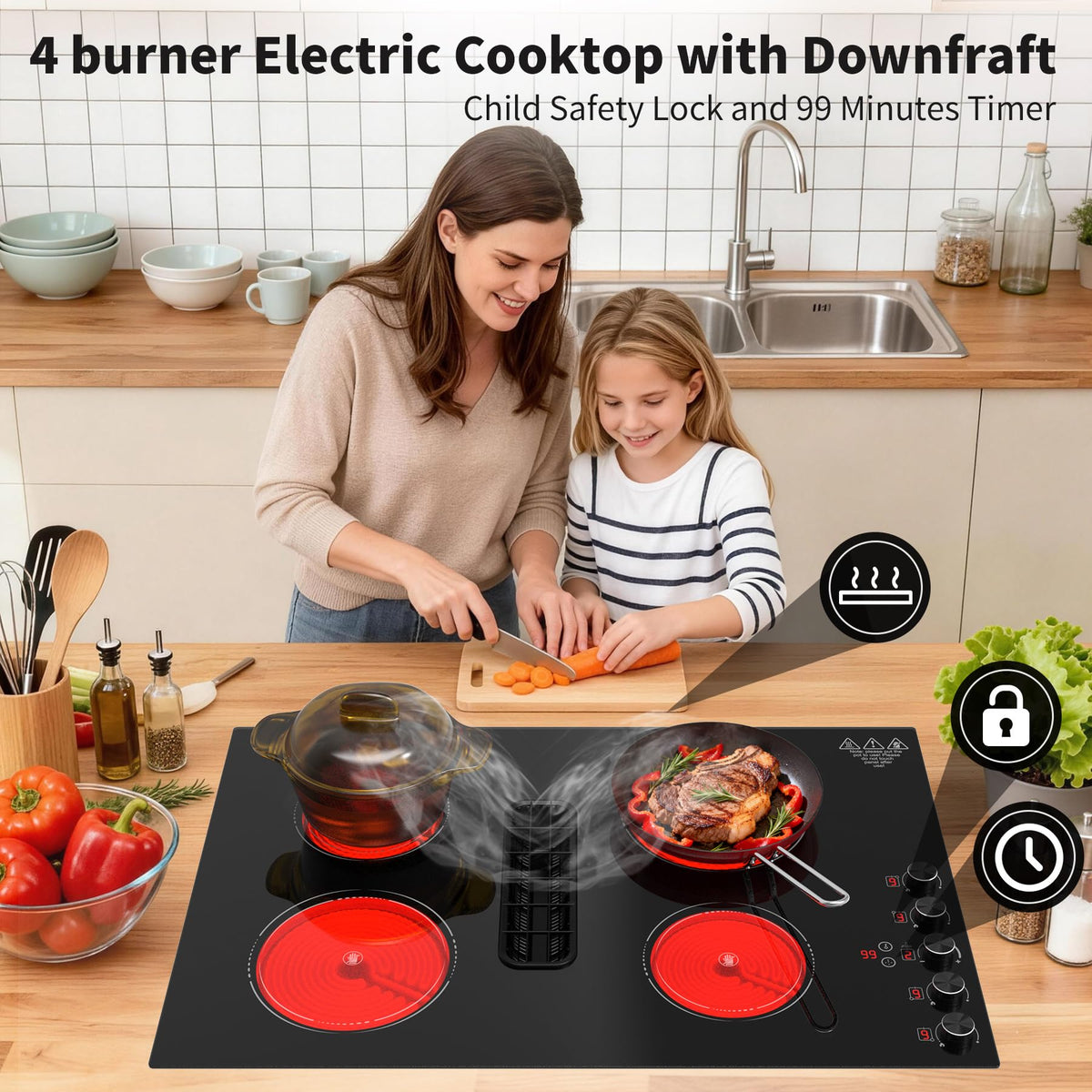 VBGK 30 Inch Electric Cooktop with Downdraft, 4 Burners, 6600W, Knob Controls, 110V–120V Hardwired