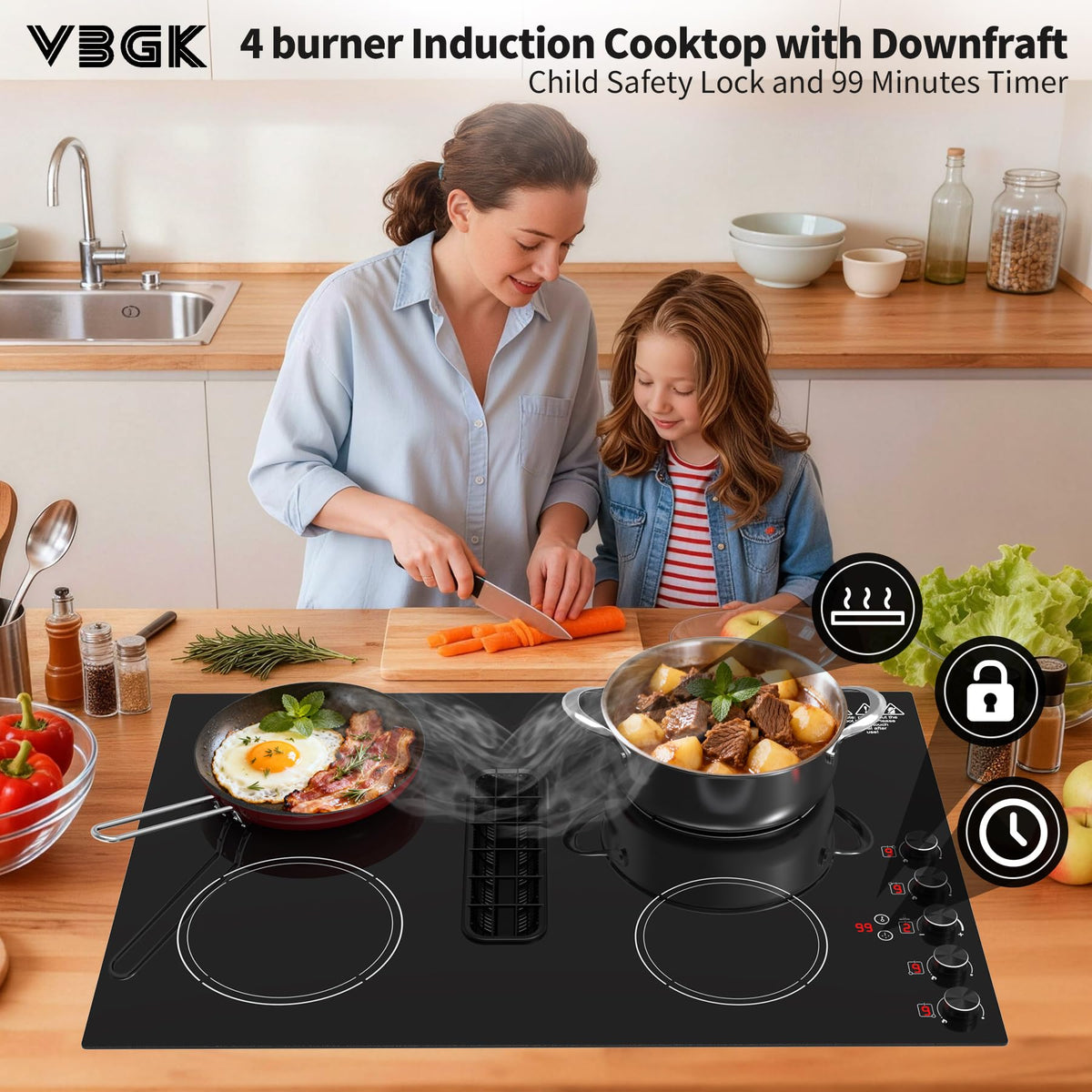 VBGK 30 Inch Induction Cooktop with Downdraft, 4 Burners, 6600W, 110V–120V
