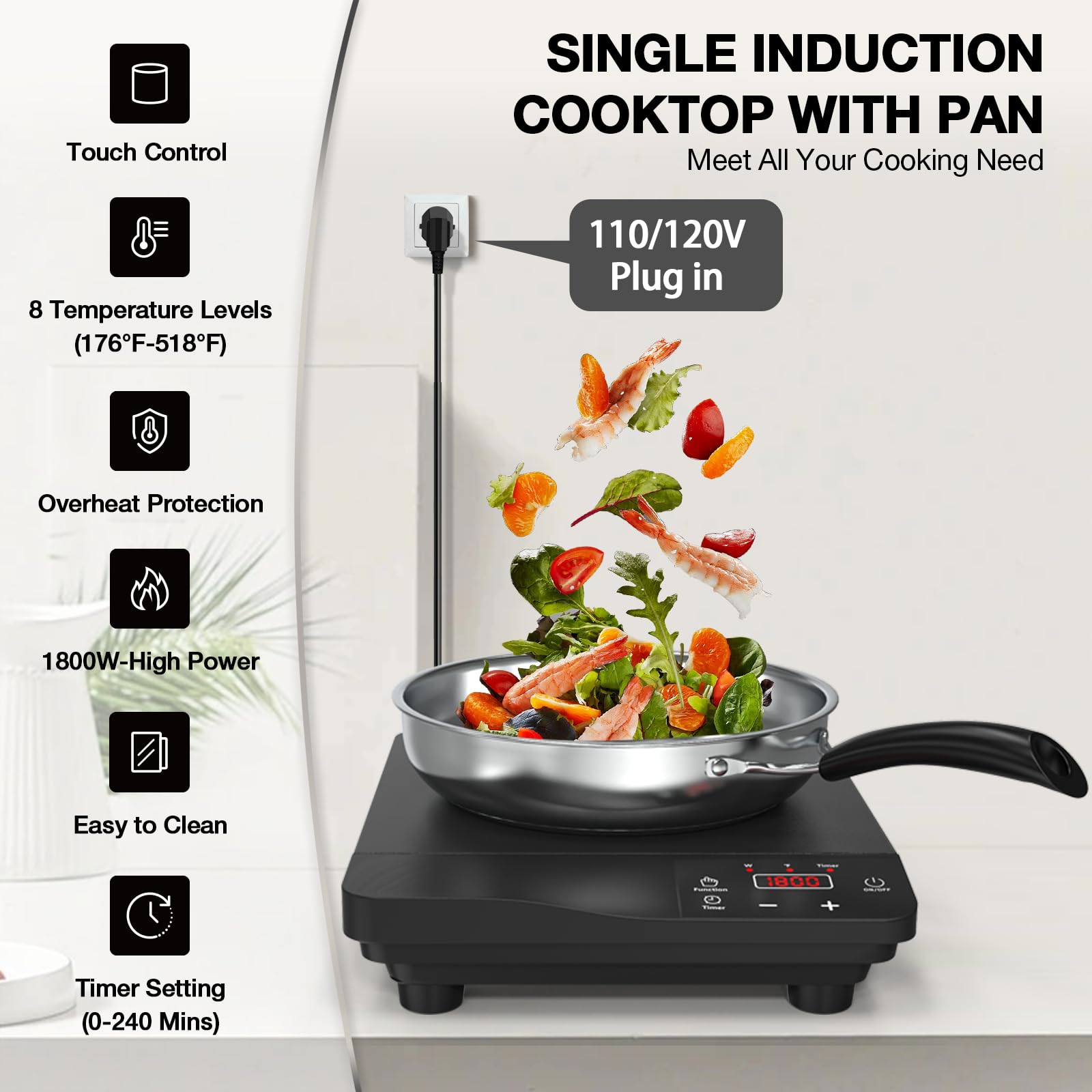 VBGK Portable Induction Cooktop 1800W, Single Induction Burner & Fry Pan, 110V Hot Plate Stove Electric Burner