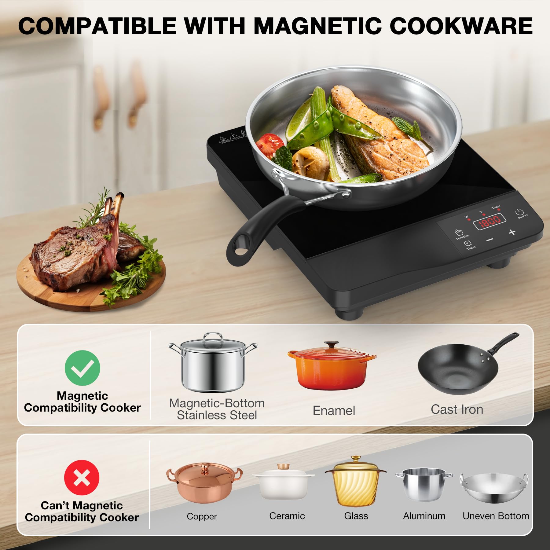 VBGK Portable Induction Cooktop 1800W, Single Induction Burner & Fry Pan, 110V Hot Plate Stove Electric Burner