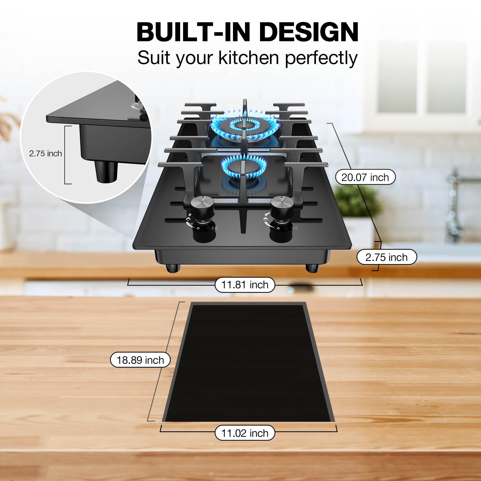VBGK 2 Burner Gas Stove Propane Cooktop, Tempered Glass Gas Cooktop 12 inch Stainless Steel Propane Burner