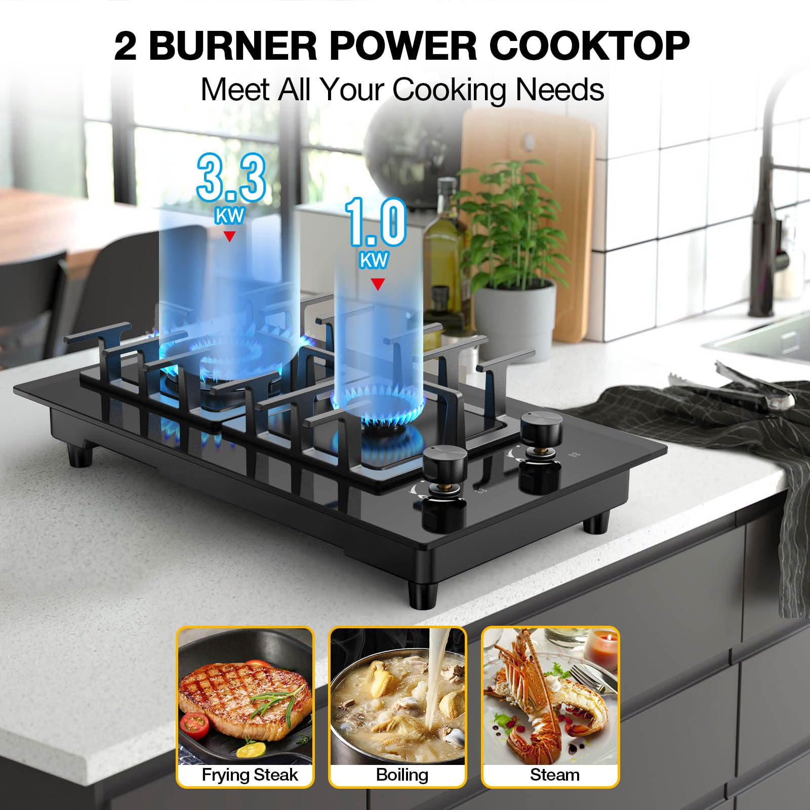 VBGK 2 Burner Gas Stove Propane Cooktop, Tempered Glass Gas Cooktop 12 inch Stainless Steel Propane Burner