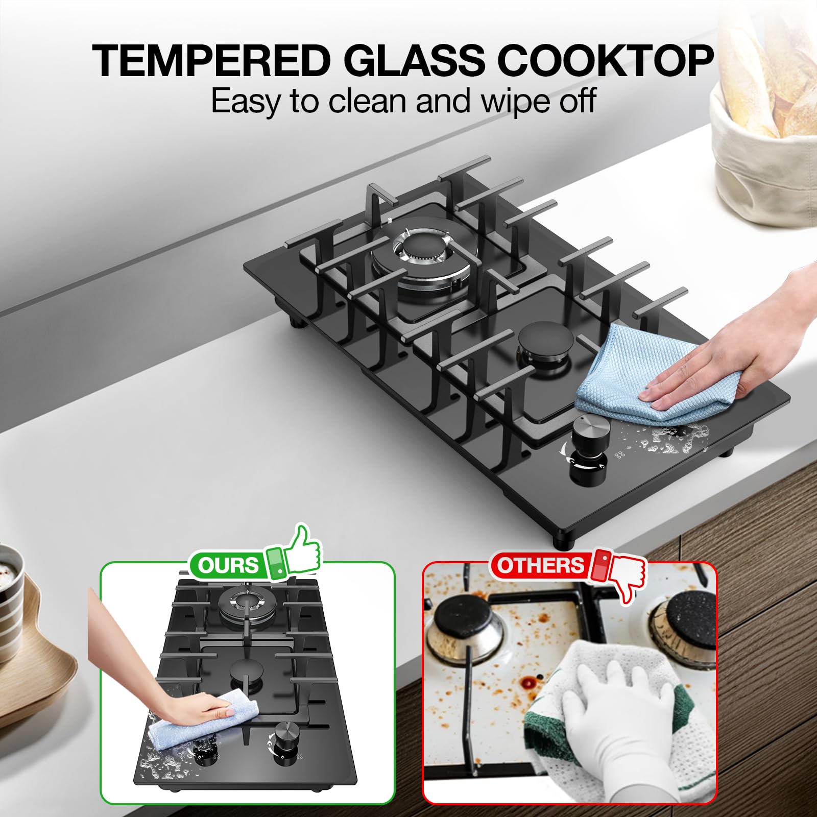 VBGK 2 Burner Gas Stove Propane Cooktop, Tempered Glass Gas Cooktop 12 inch Stainless Steel Propane Burner