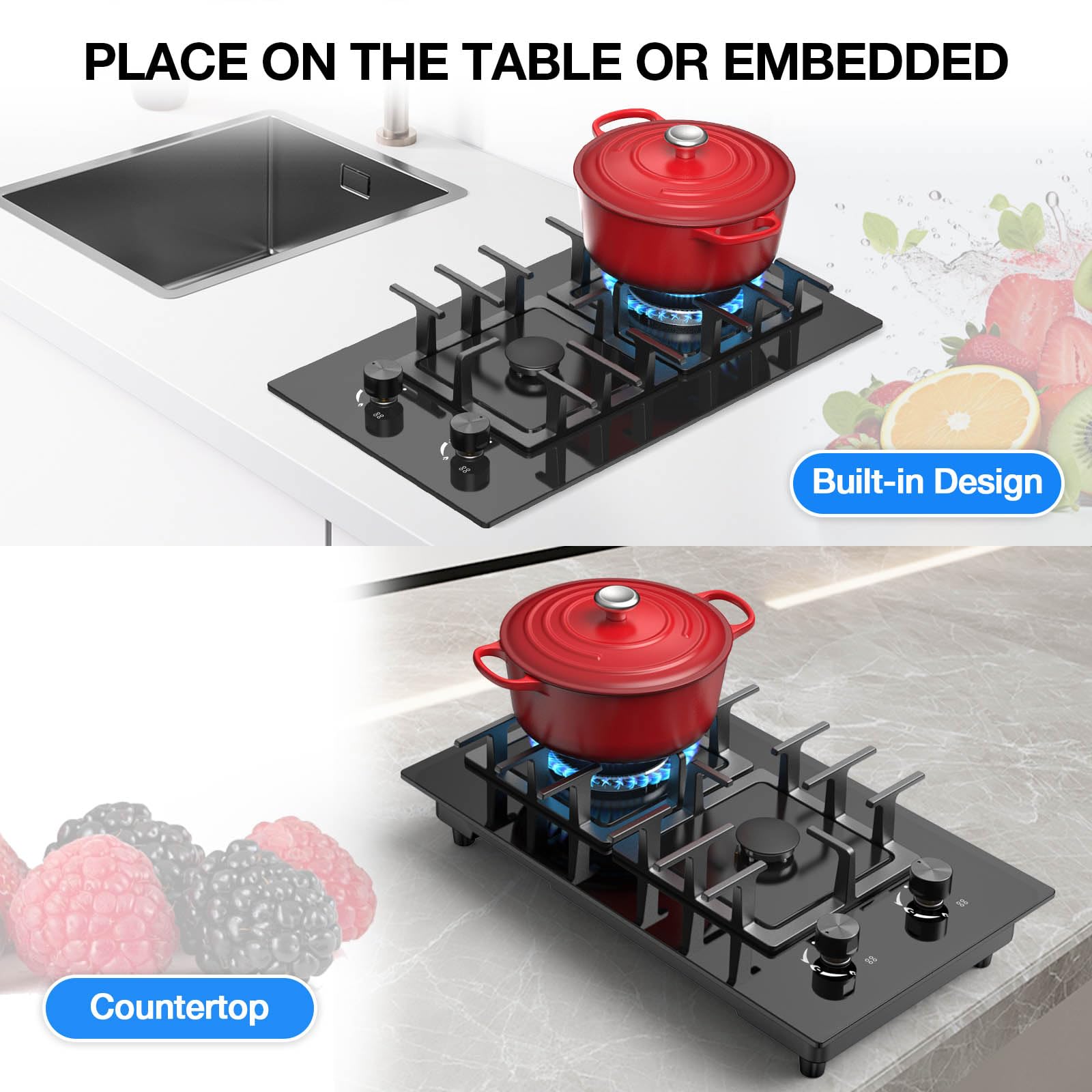 VBGK 2 Burner Gas Stove Propane Cooktop, Tempered Glass Gas Cooktop 12 inch Stainless Steel Propane Burner
