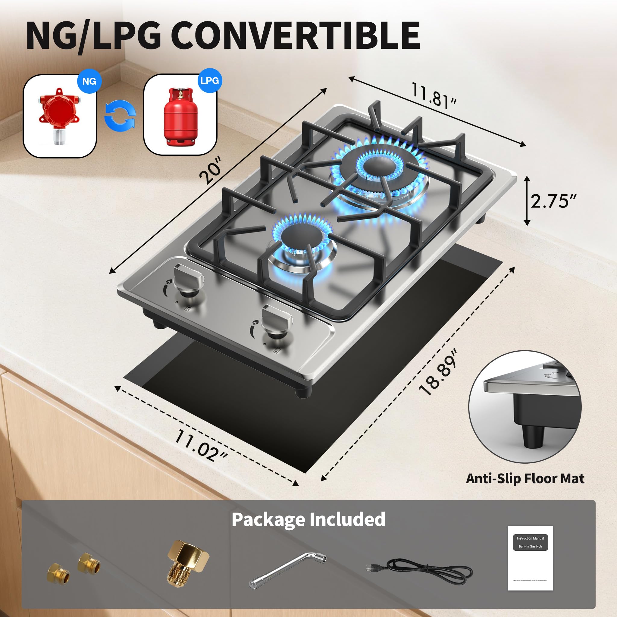 VBGK 2 Burner Gas Cooktop 12 Inch Tempered Glass Propane Stove with Stainless Steel Design for RV & Home Kitchen