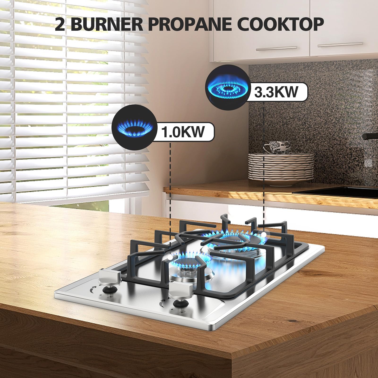 VBGK 2 Burner Gas Cooktop 12 Inch Tempered Glass Propane Stove with Stainless Steel Design for RV & Home Kitchen