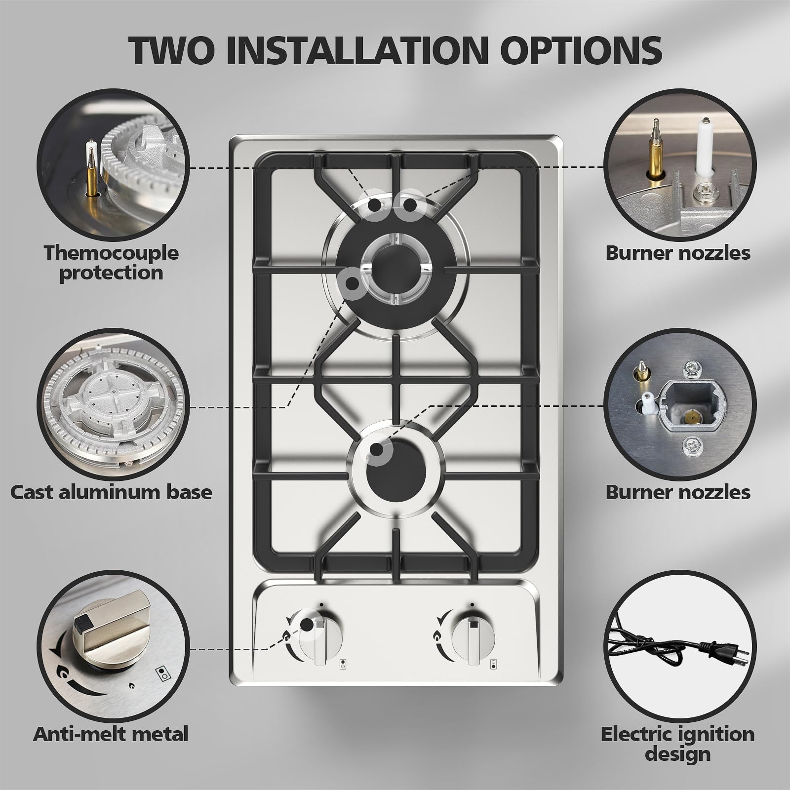 VBGK 2 Burner Gas Cooktop 12 Inch Tempered Glass Propane Stove with Stainless Steel Design for RV & Home Kitchen