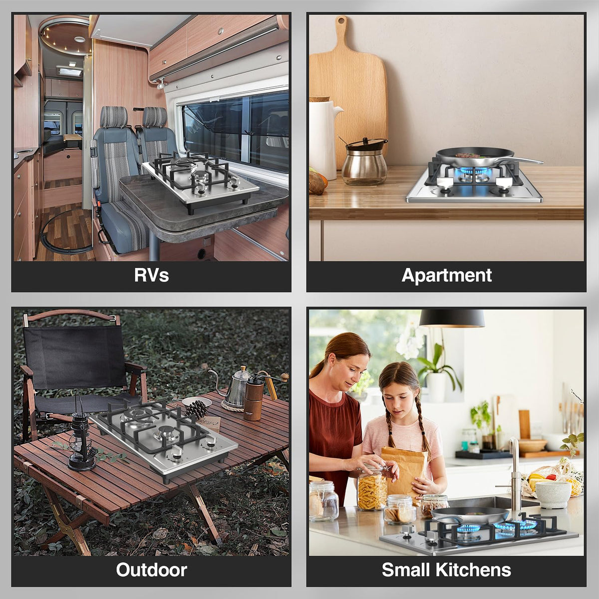 VBGK Estufa de gas de 12 pulgadas y 110 V, placa de cocción de gas de dos quemadores de acero inoxidable ideal para vehículos recreativos, apartamentos y cocina al aire libre