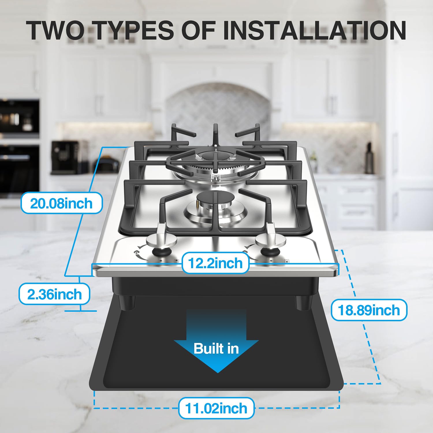VBGK 12 Inch 110V Gas Cooktop Two Burner Stainless Stee Gas Stove Top