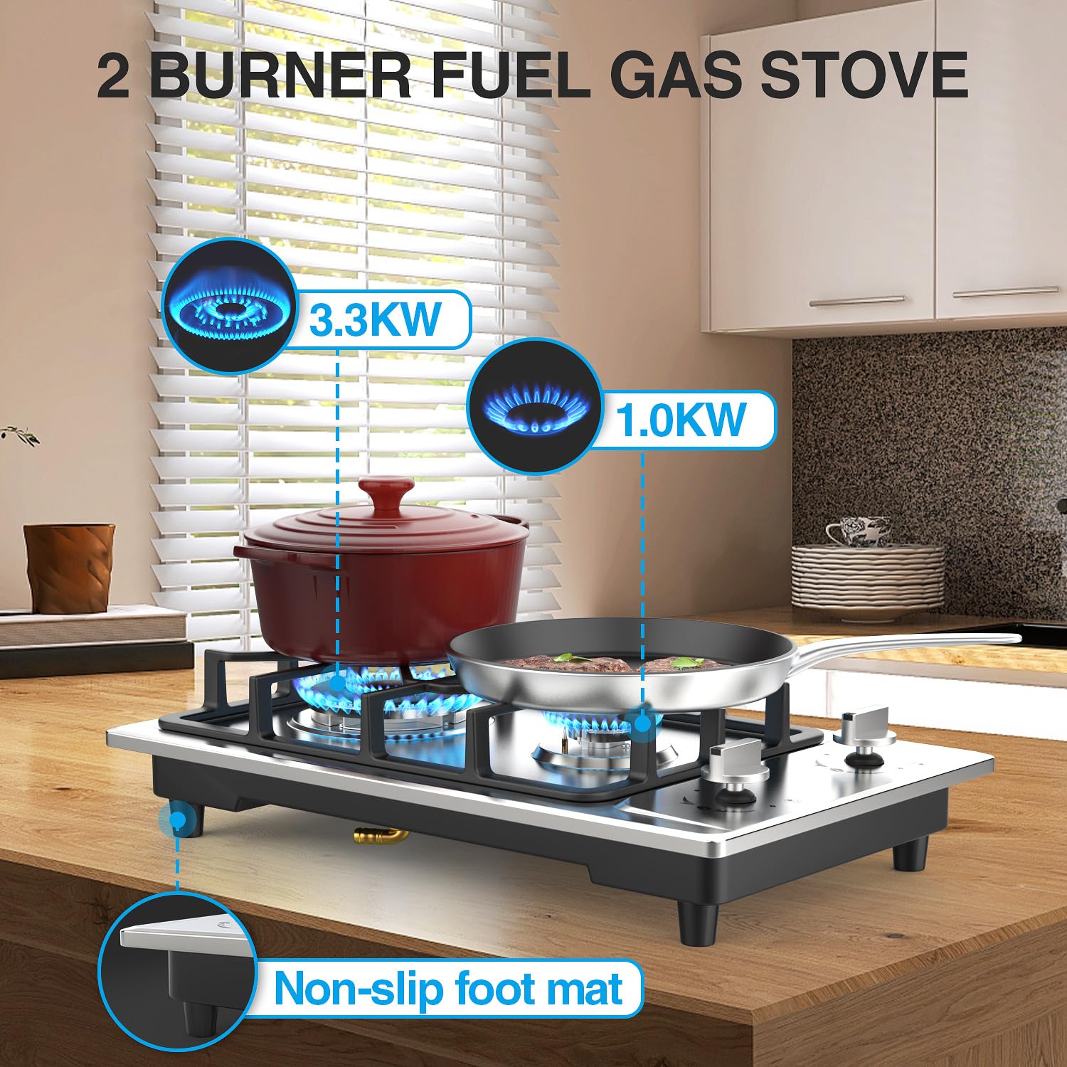 VBGK 12 Inch 110V Gas Cooktop Two Burner Stainless Stee Gas Stove Top