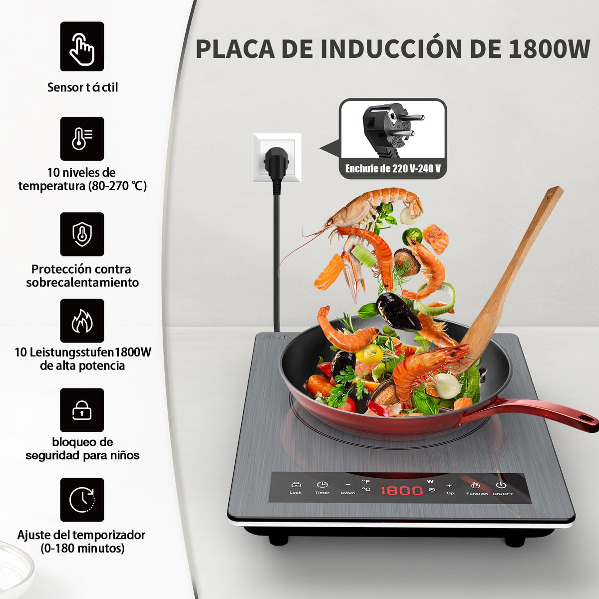 Piano cottura elettrico in vetroceramica a 2 fuochi VBGK 28 cm, 3000W 220-240V, da incasso e portatile con controllo touch, timer e blocco bambini