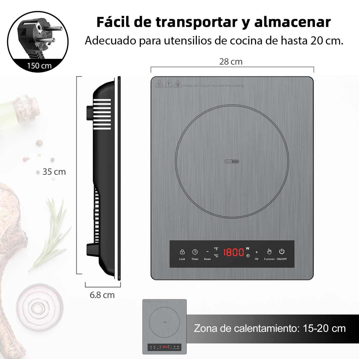 Piano cottura elettrico in vetroceramica a 2 fuochi VBGK 28 cm, 3000W 220-240V, da incasso e portatile con controllo touch, timer e blocco bambini