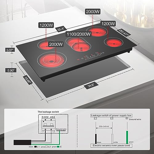 VBGK Placa de cocina eléctrica de 2 quemadores 110V 3000W, estufa de cerámica de doble quemador de 36 pulgadas para cocina, apartamento y autocaravana