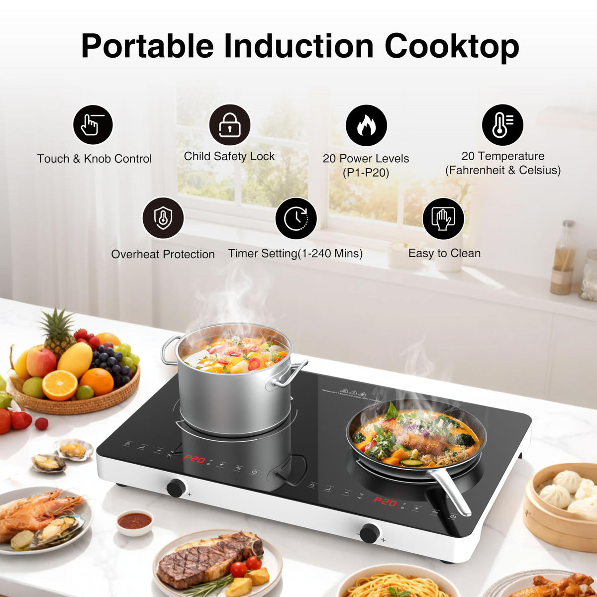 VBGK Piano cottura a induzione a 2 fuochi da 22 pollici, piastra a induzione doppia da 110V per la cucina domestica