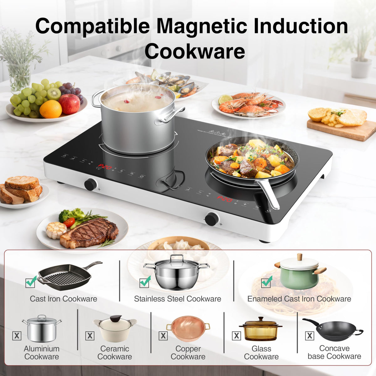 VBGK Piano cottura a induzione a 2 fuochi da 22 pollici, piastra a induzione doppia da 110V per la cucina domestica