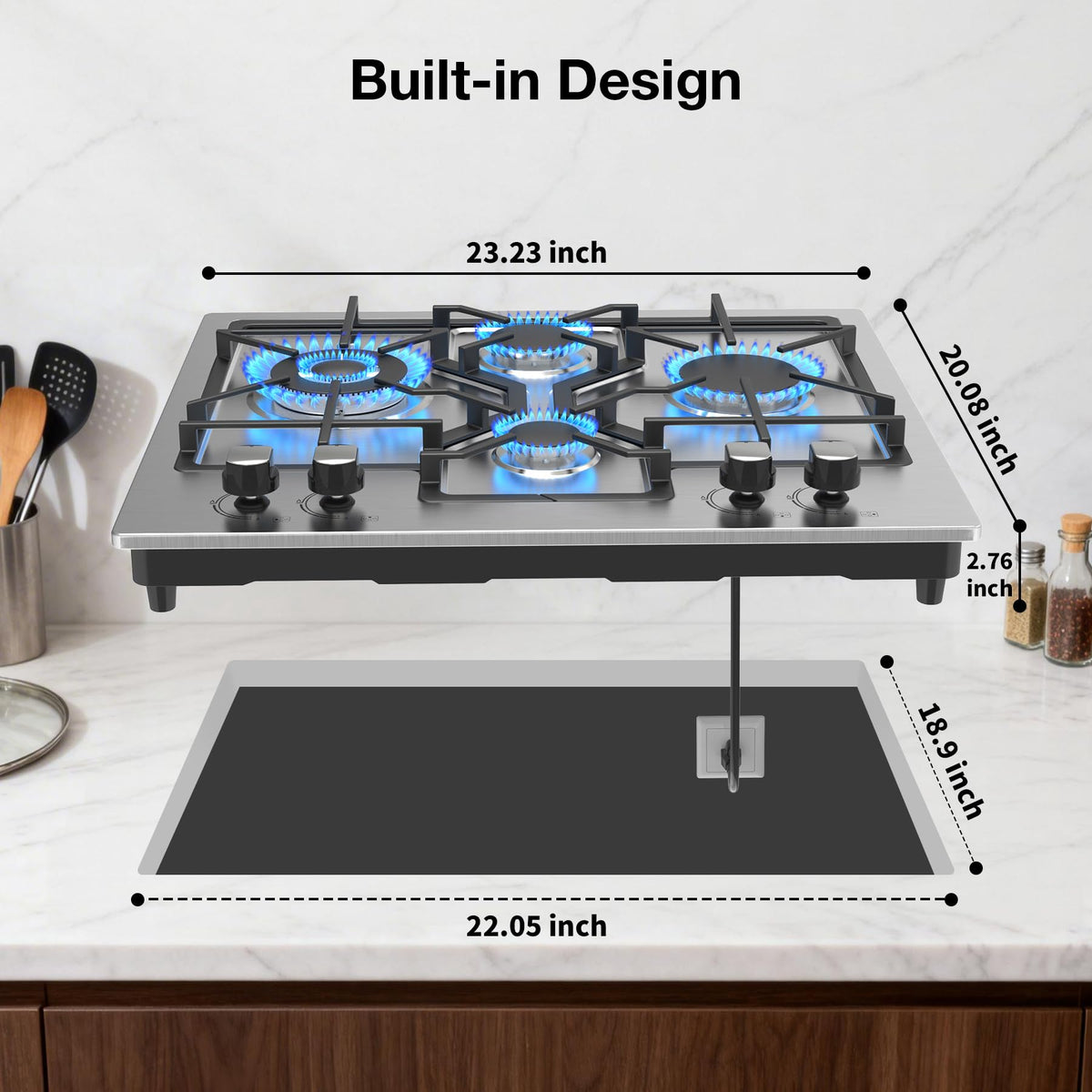 Table de cuisson à gaz VBGK 5 brûleurs, plaque de cuisson encastrable en acier inoxydable convertible gaz naturel/propane avec allumage électrique 110 V et sécurité par thermocouple