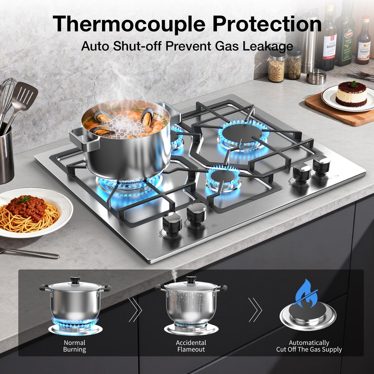 Table de cuisson à gaz VBGK 5 brûleurs, plaque de cuisson encastrable en acier inoxydable convertible gaz naturel/propane avec allumage électrique 110 V et sécurité par thermocouple