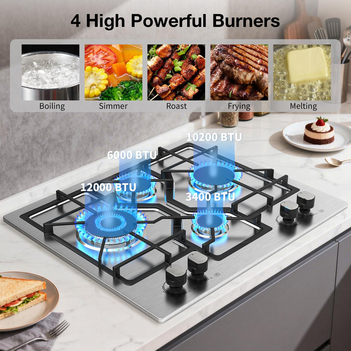 Table de cuisson à gaz VBGK 5 brûleurs, plaque de cuisson encastrable en acier inoxydable convertible gaz naturel/propane avec allumage électrique 110 V et sécurité par thermocouple