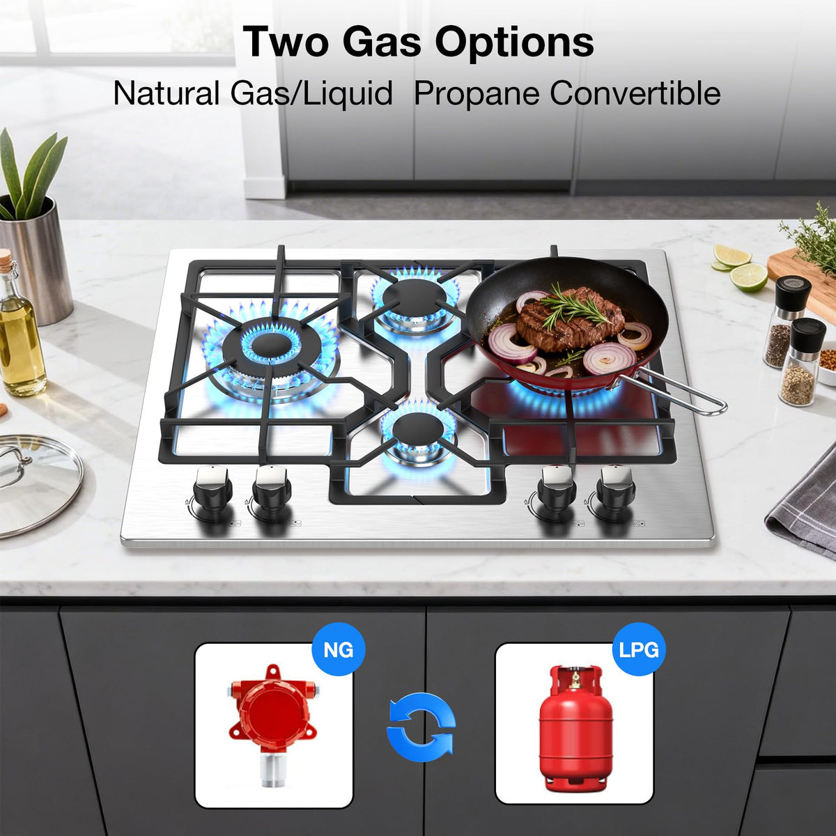 Table de cuisson à gaz VBGK 5 brûleurs, plaque de cuisson encastrable en acier inoxydable convertible gaz naturel/propane avec allumage électrique 110 V et sécurité par thermocouple