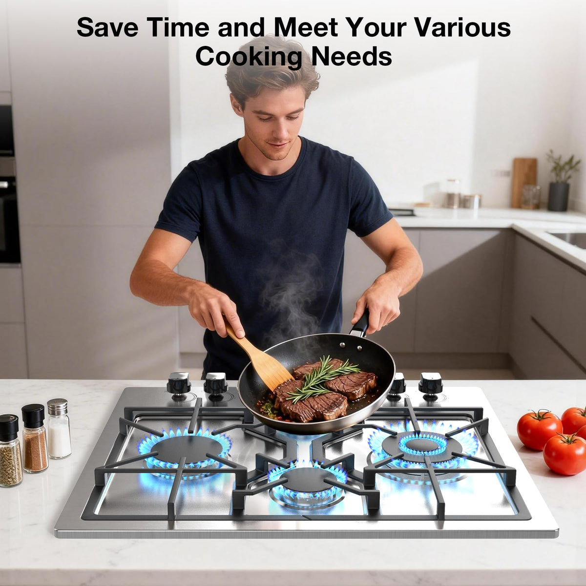 Table de cuisson à gaz VBGK 5 brûleurs, plaque de cuisson encastrable en acier inoxydable convertible gaz naturel/propane avec allumage électrique 110 V et sécurité par thermocouple