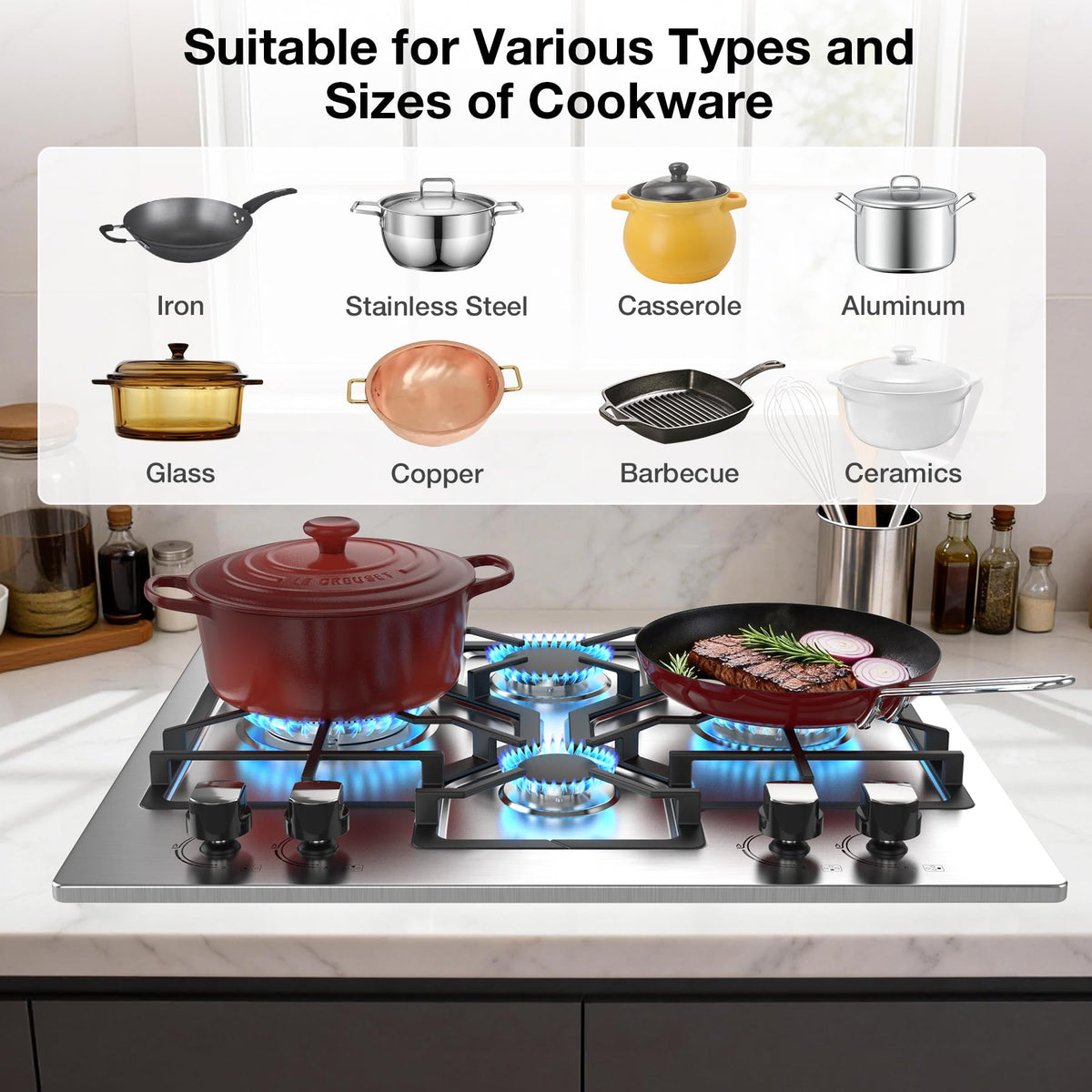 Table de cuisson à gaz VBGK 5 brûleurs, plaque de cuisson encastrable en acier inoxydable convertible gaz naturel/propane avec allumage électrique 110 V et sécurité par thermocouple