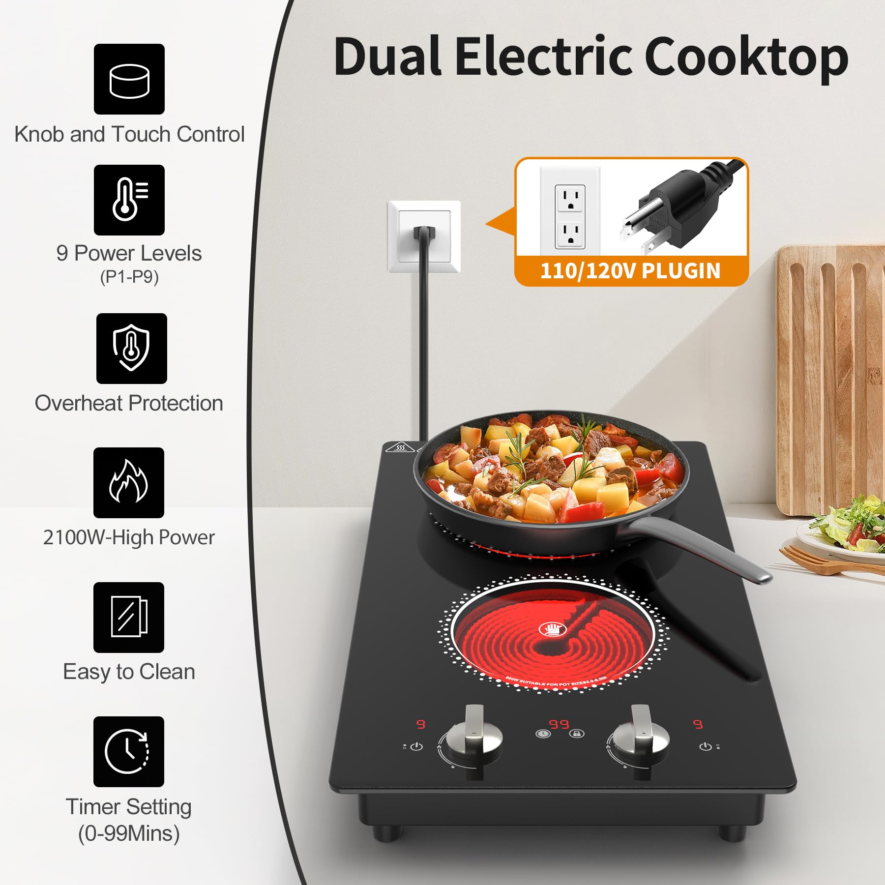 VBGK 2 Burner Electric Cooktop 12 Inch Electric Stove Top with Plug ,2100W Countertop Burners Built-In Stove Top