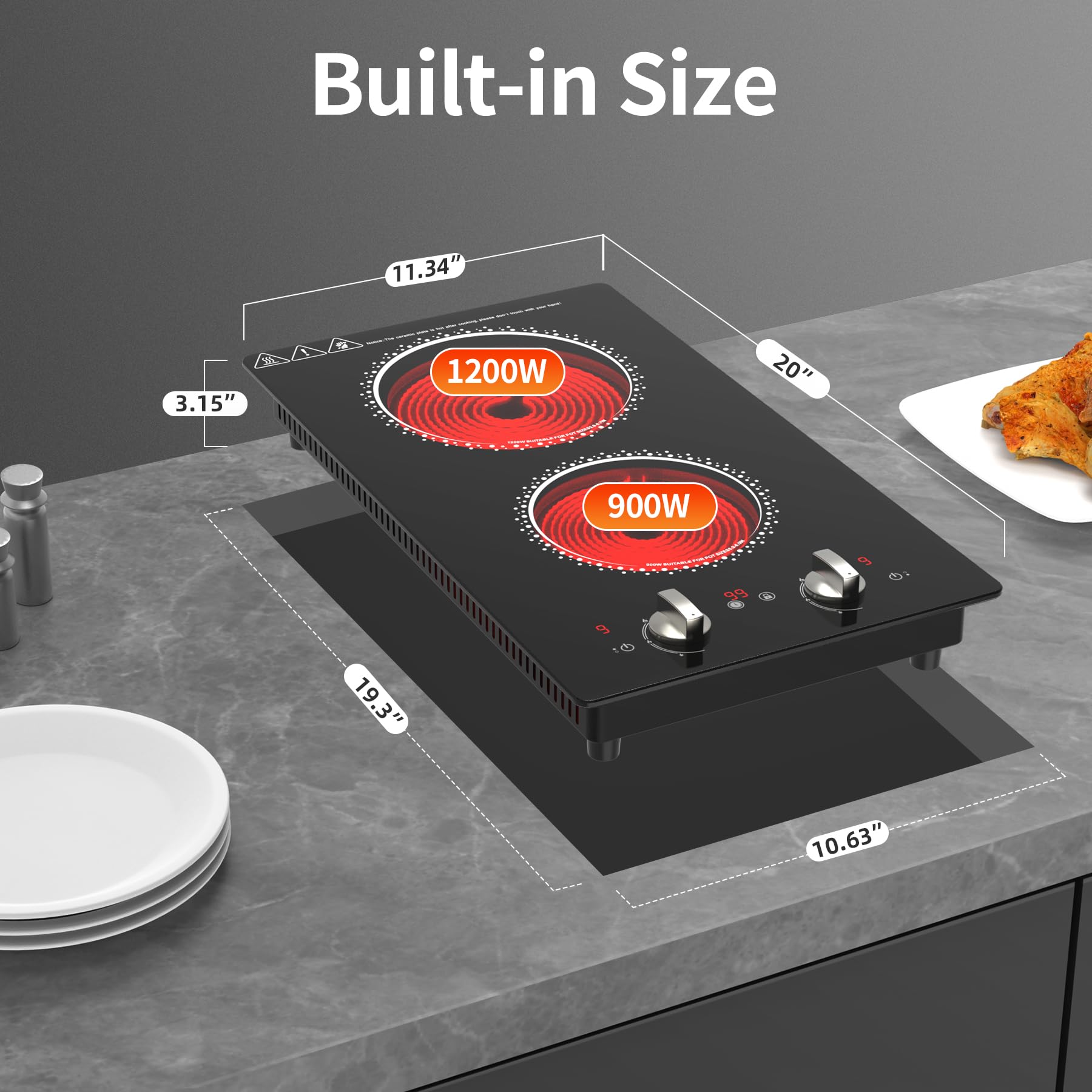VBGK 2 Burner Electric Cooktop 12 Inch Electric Stove Top with Plug ,2100W Countertop Burners Built-In Stove Top