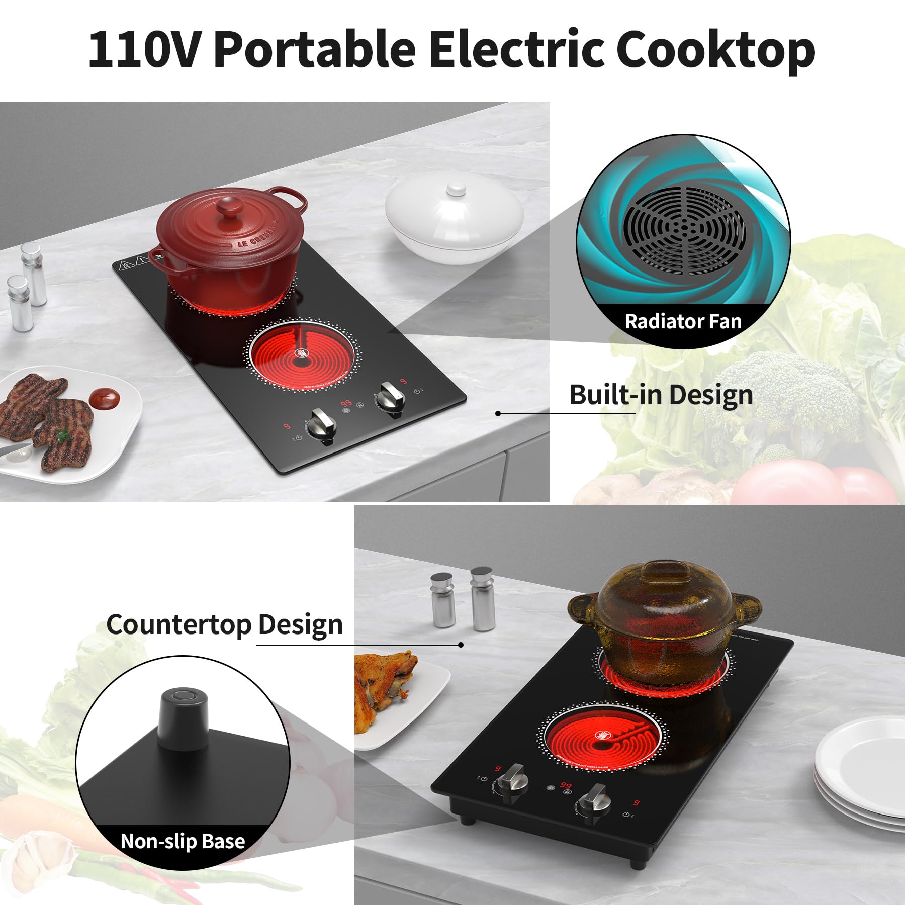VBGK 2 Burner Electric Cooktop 12 Inch Electric Stove Top with Plug ,2100W Countertop Burners Built-In Stove Top